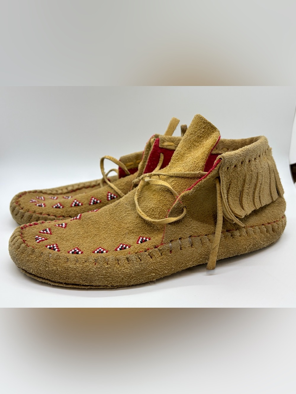 Vintage Beaded Suede Moccasin Boots Women’s Size 7 – Fringe Ankle Shoes